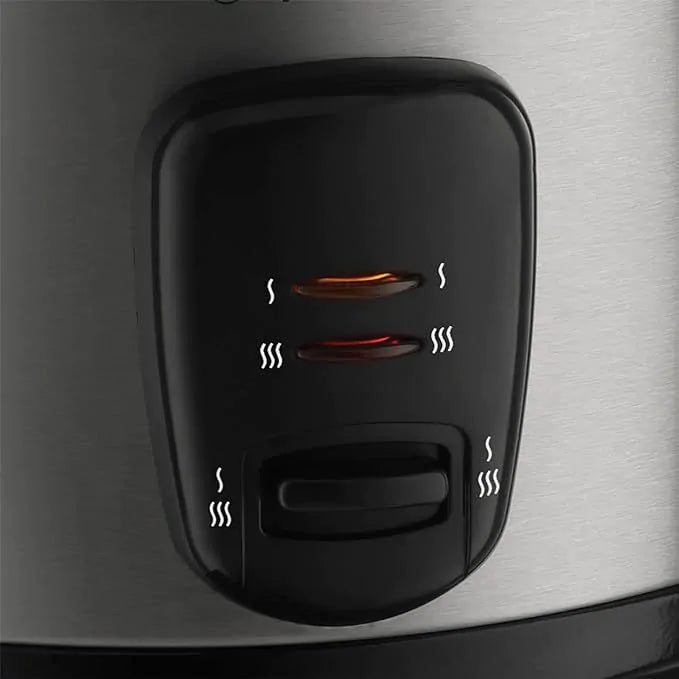 Close-up of the Russel Hobbs Rice Cooker control panel with indicator lights and switch on stainless steel body.