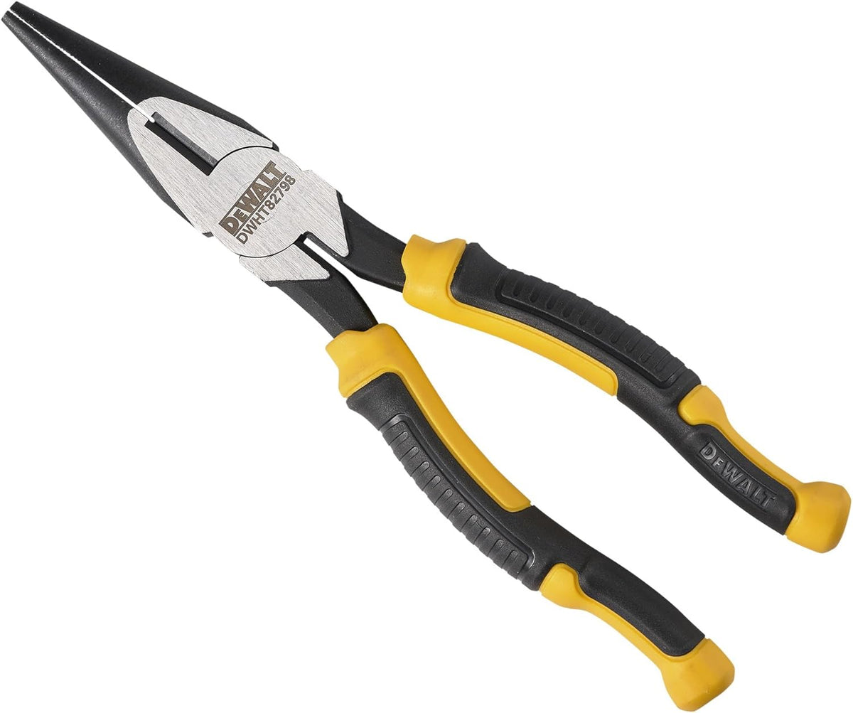 DeWALT 200mm long nose pliers with black and yellow ergonomic grips and laser-hardened cutting edges.
