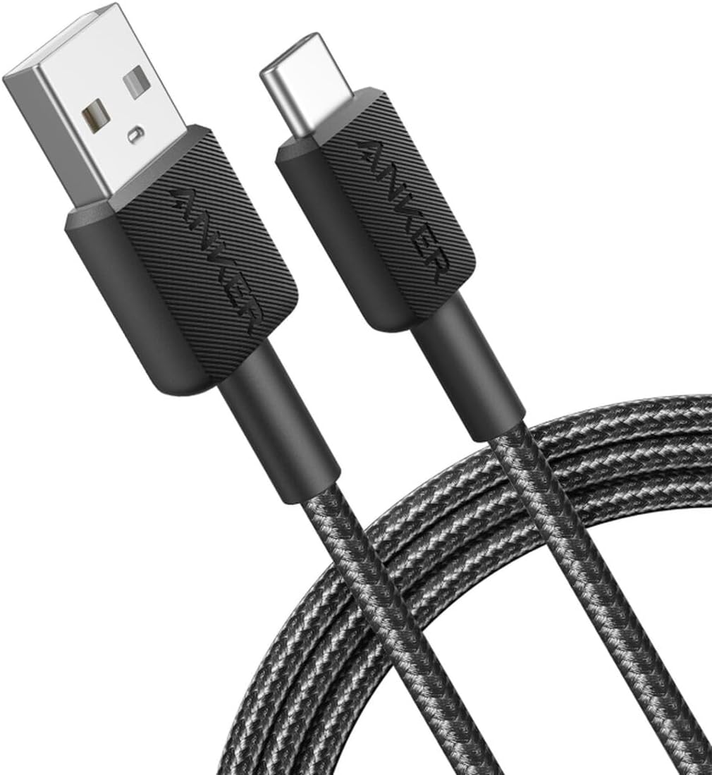 Anker A-C3ft Black USB-A to USB-C cable with braided nylon finish and textured connector grips.