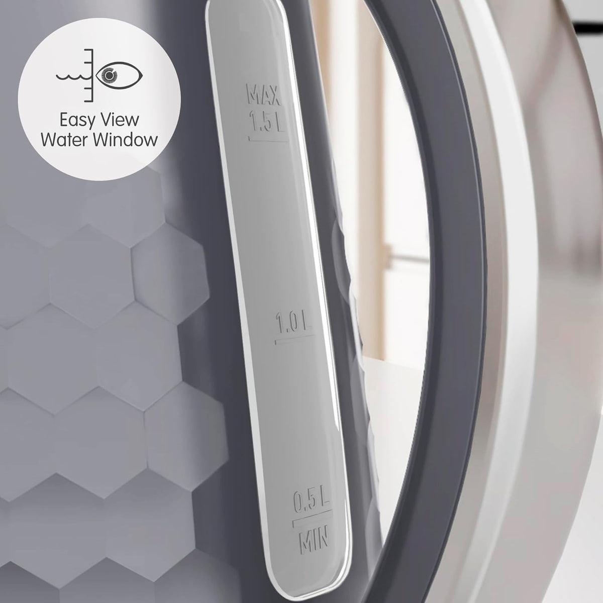 Close-up of Morphy Richards Hive Kettle grey water level window with 0.5 to 1.5 liter markings and easy view label