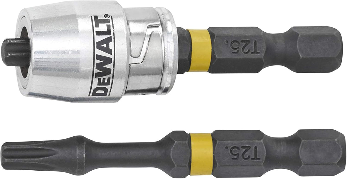 Two DeWalt T25 50mm impact torsion bits with yellow bands and a magnetic screwlock sleeve with DeWalt logo