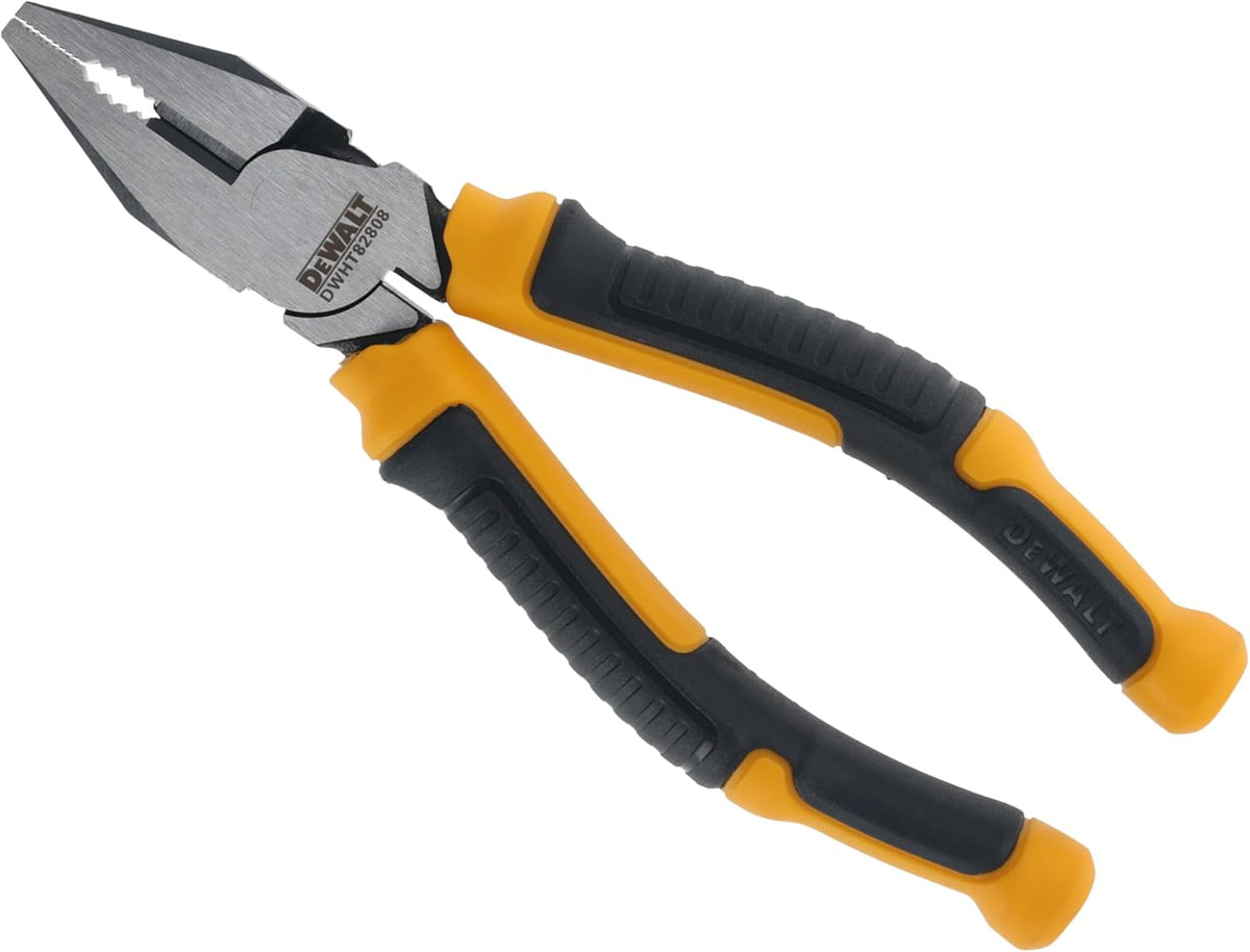 DeWALT 160mm combination pliers with yellow and black two-zone comfort grip handles and metal jaws.