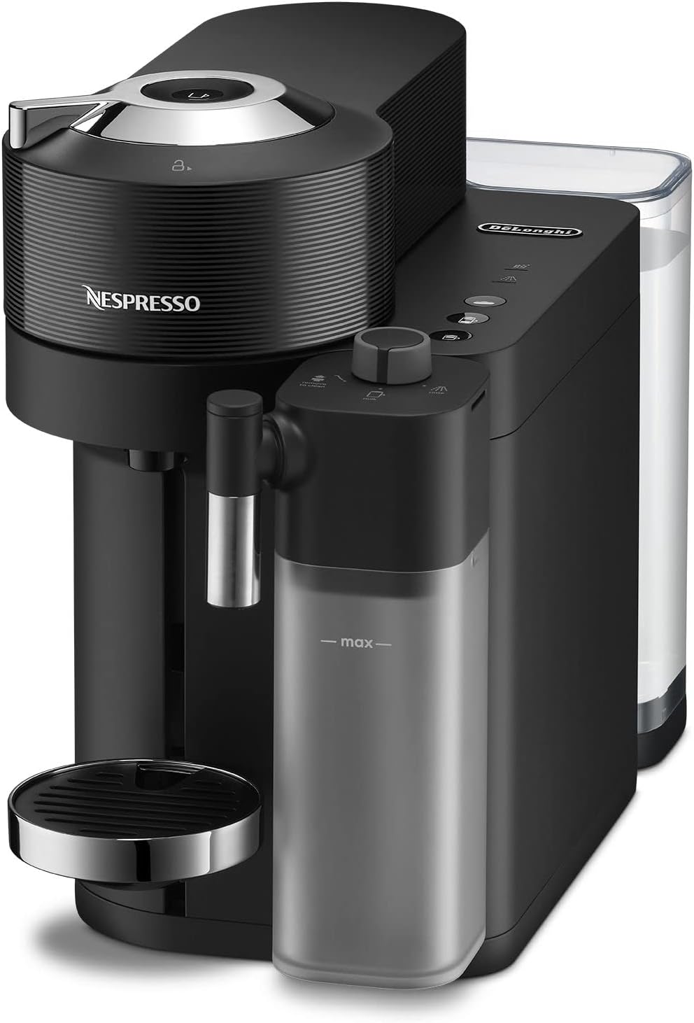 Delonghi Nespresso Vertuo Lattissima black coffee machine with milk frother and water tank visible