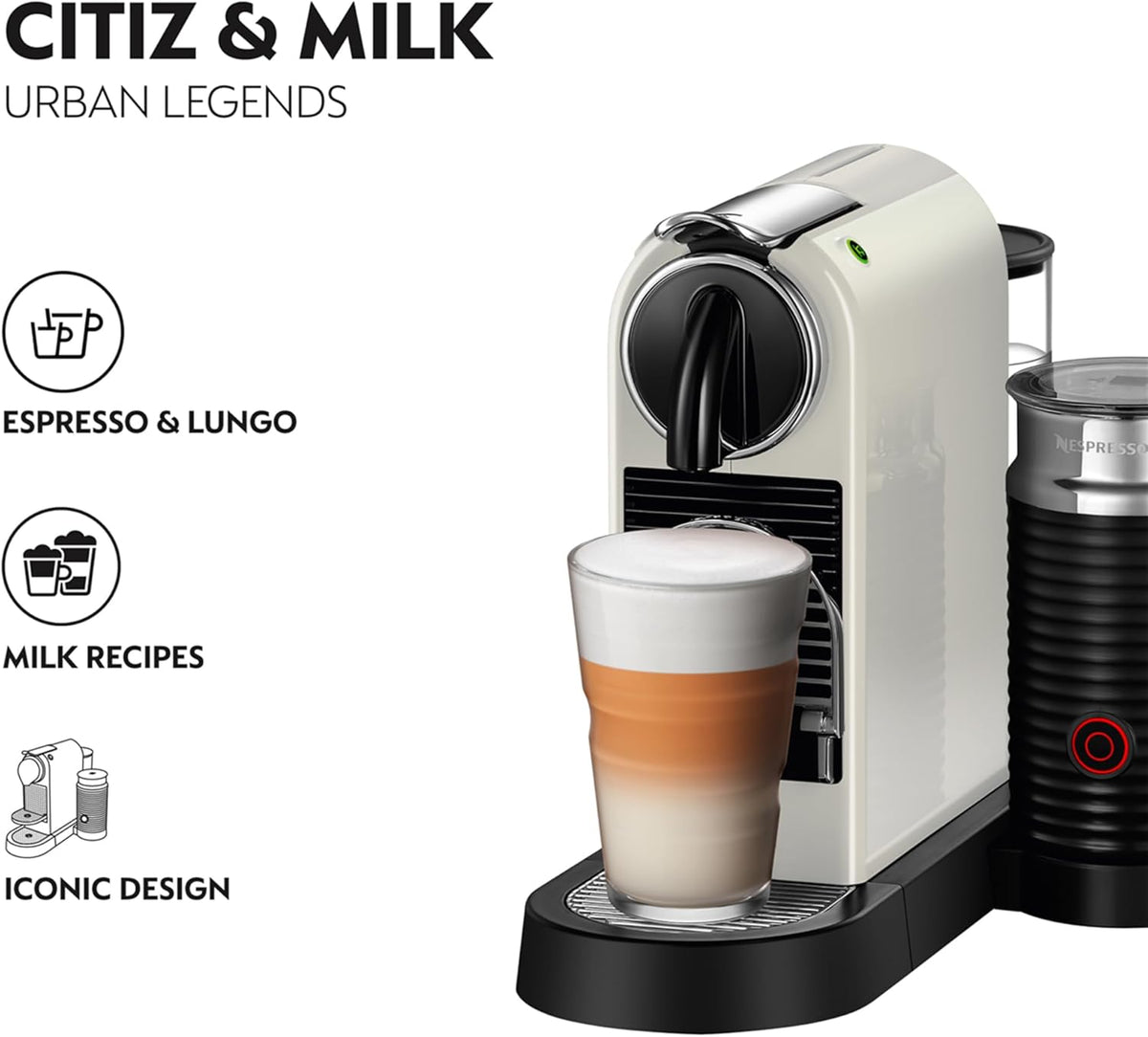 Delonghi Citiz Nespresso coffee machine in white with Aeroccino frother and layered latte glass