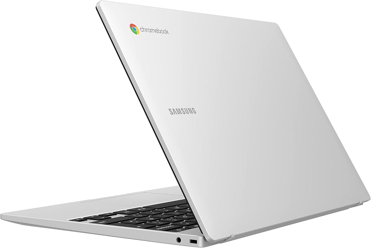 Silver Samsung Chromebook Go 11.6 inch partially open showing keyboard and Chromebook logo on lid