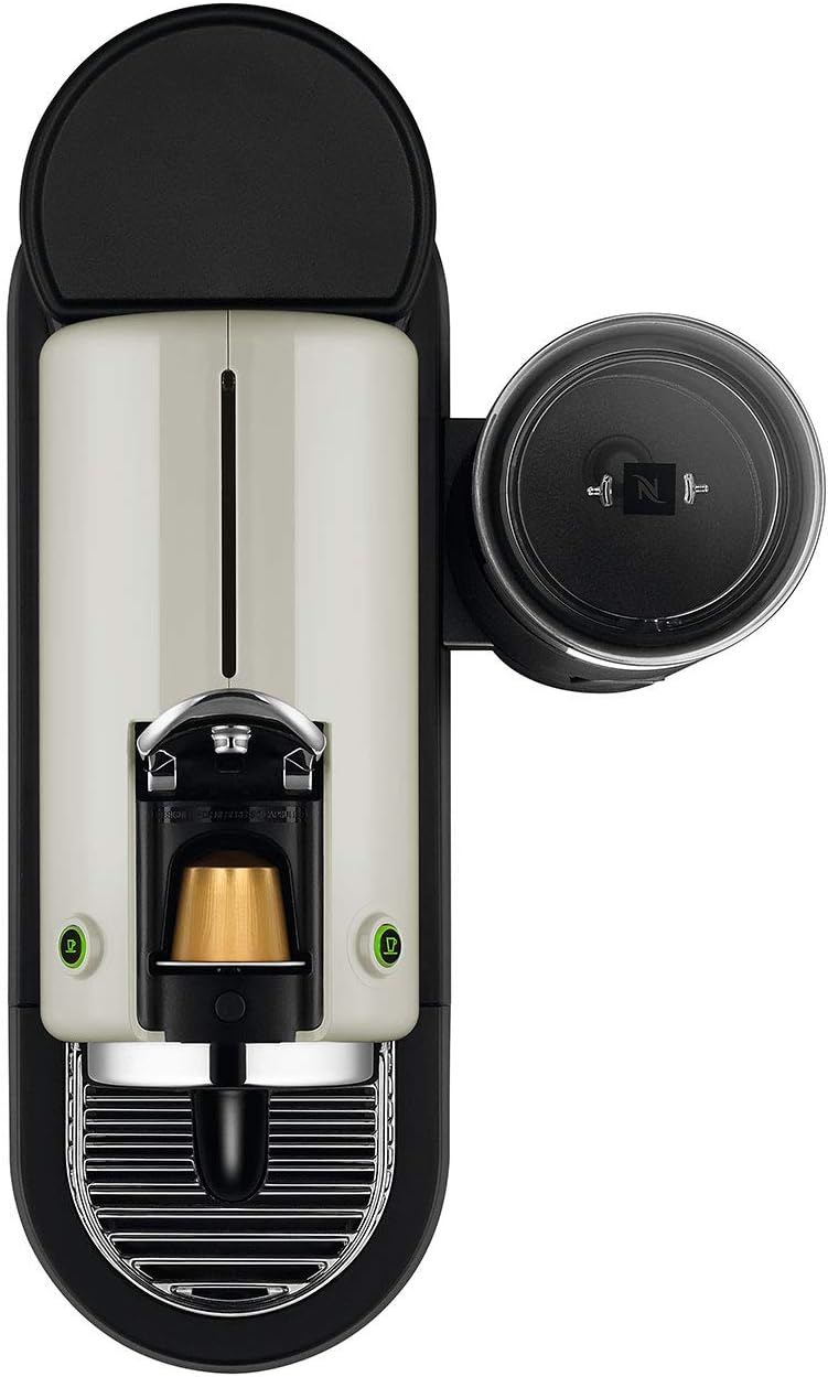 Top view of Delonghi Citiz Nespresso coffee machine in white with attached Aeroccino milk frother and coffee capsule