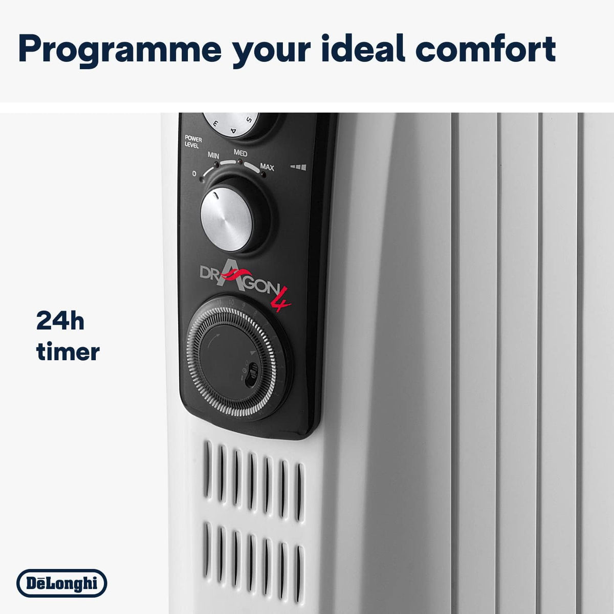 Close-up of DeLonghi 2kw oil filled radiator control panel with power and timer dials