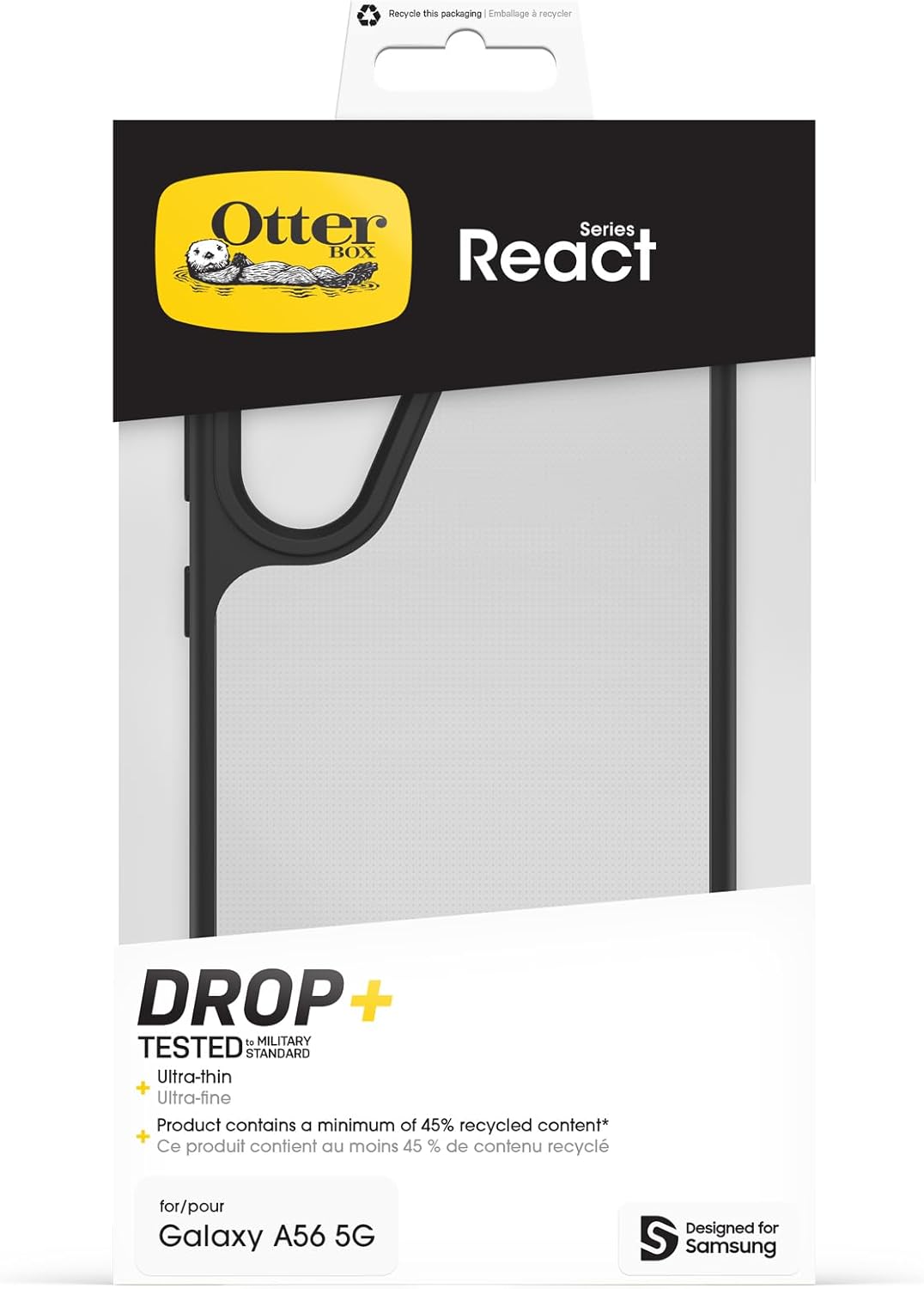 Otterbox React ultra-thin black phone case for Samsung Galaxy A56 5G in retail packaging.