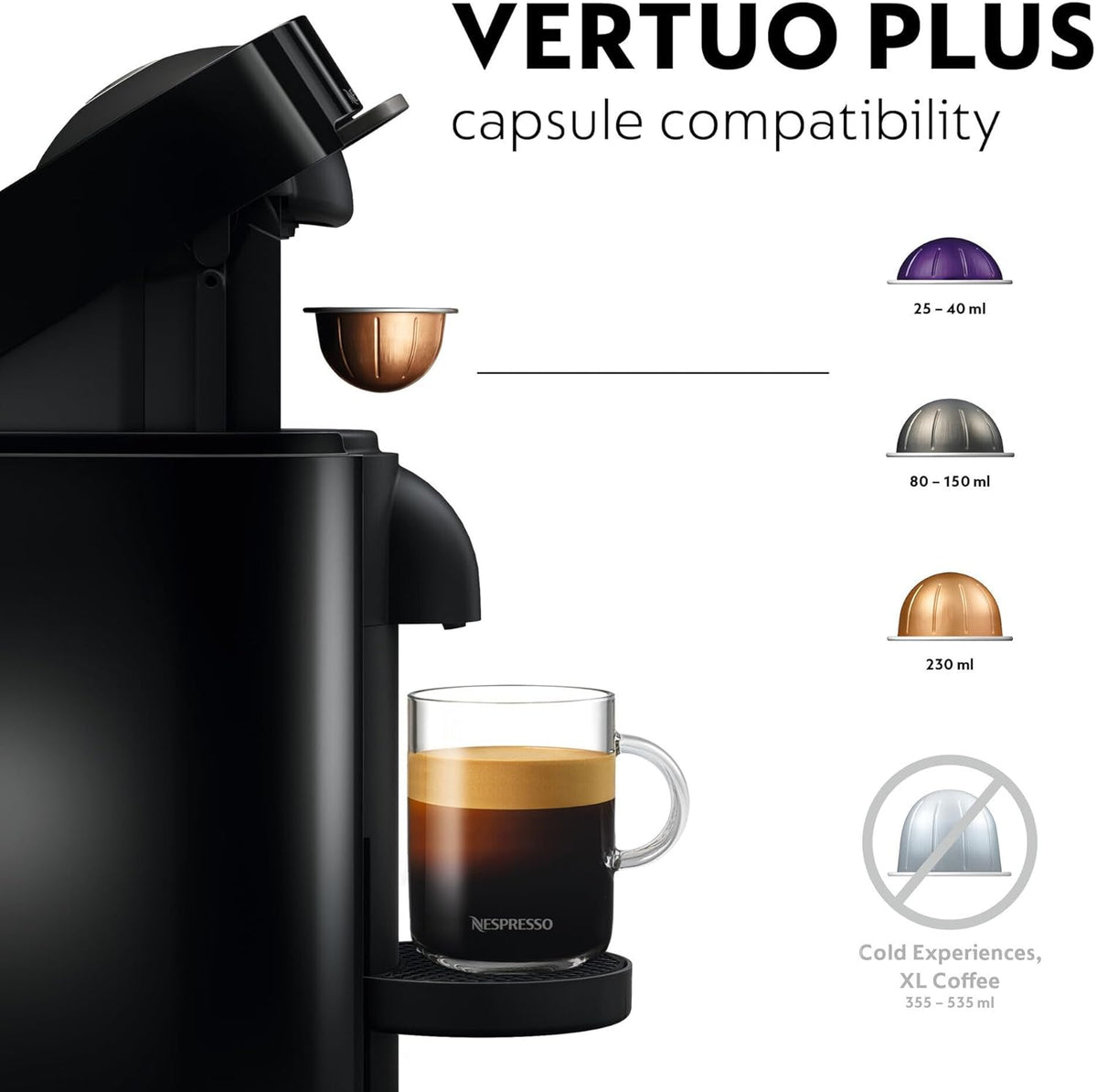 Delonghi Nespresso Vertuo Plus black coffee machine with a glass of espresso and capsule compatibility chart.