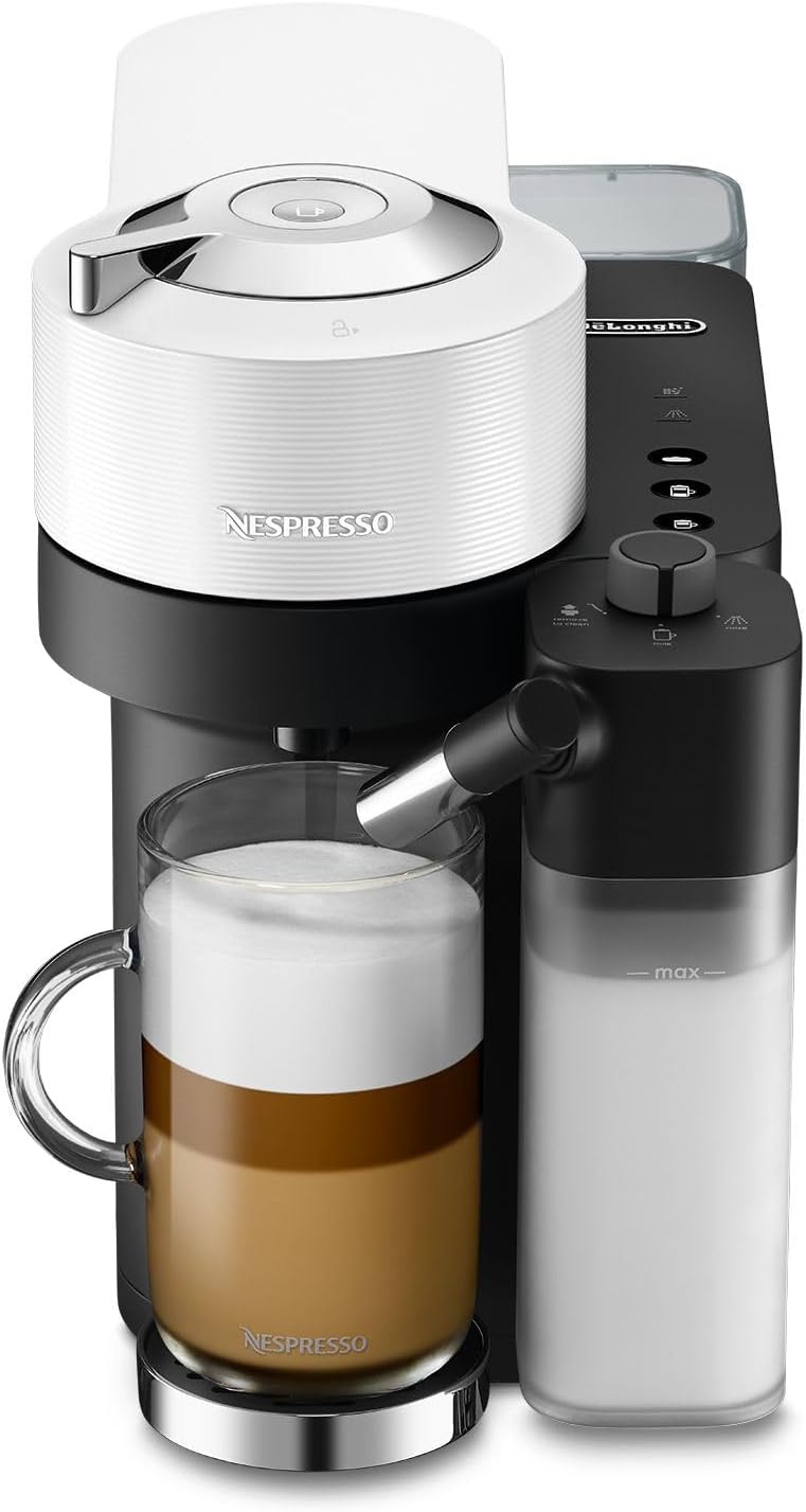 Delonghi Nespresso Vertuo Lattissima in white with milk frother and glass of layered latte macchiato