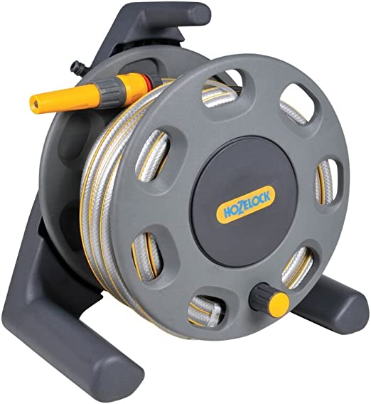 Hozelock 25m Compact Reel with hose, nozzle, and tap connector, freestanding with handle for easy garden use - Keans