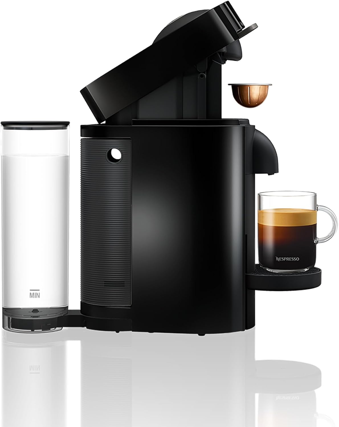 Delonghi Nespresso Vertuo Plus black coffee machine with water tank, capsule, and glass of coffee