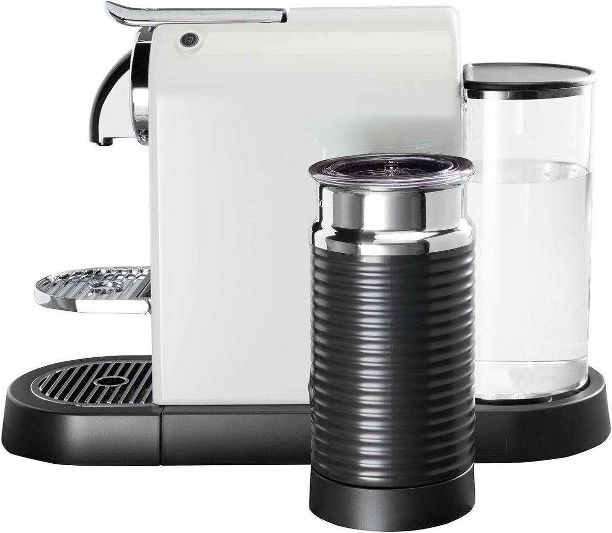 Delonghi Citiz Nespresso coffee machine in white with black Aeroccino milk frother and clear water tank, side view.