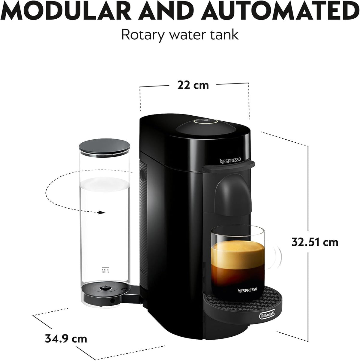 Delonghi Nespresso Vertuo Plus black coffee machine with rotary water tank and glass of espresso