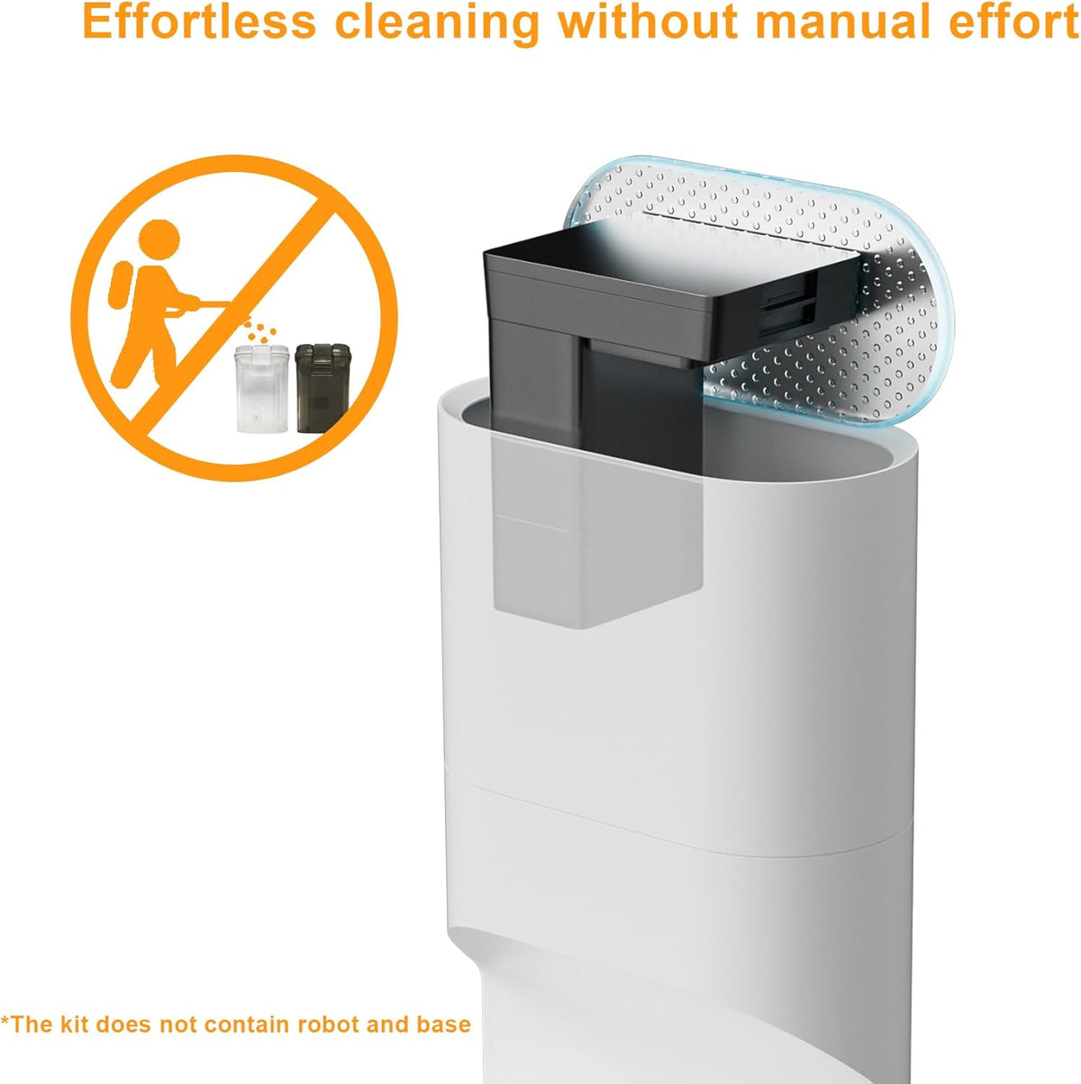 Dreame Water Hookup Kit attached to a white robot vacuum base with a no manual cleaning icon.