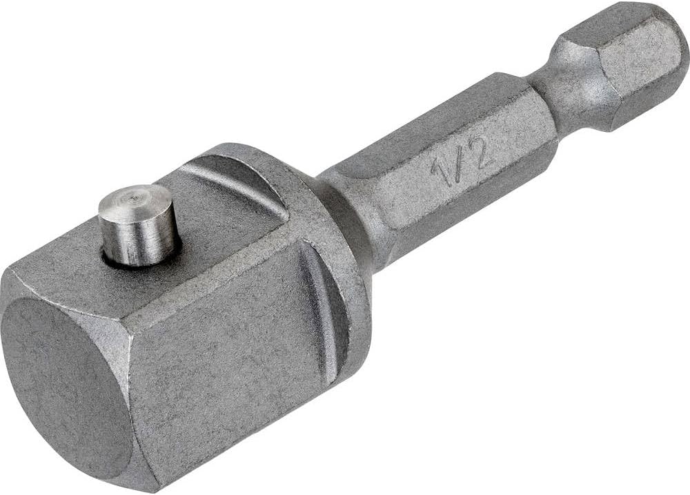 DeWalt DT7512 1/4in hex to 1/2in drive impact adapter with detent ball and engraved size markings.