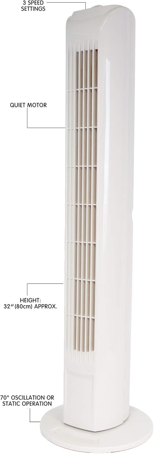 Lloytron 32'' white tower fan with vertical grille and round base, shown upright on white background.