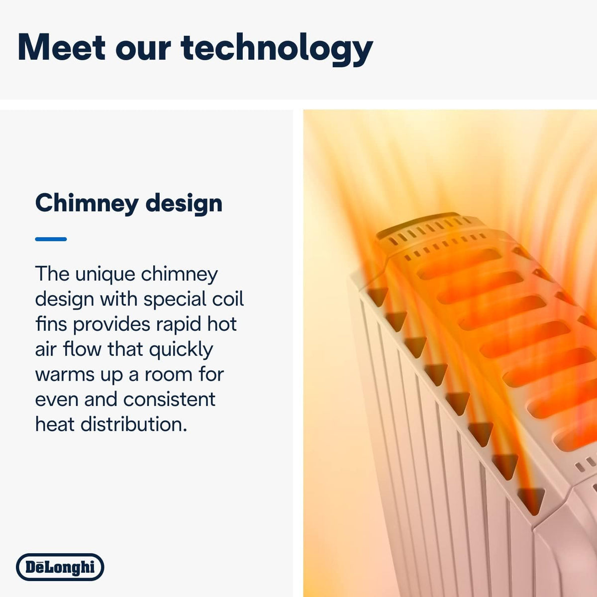 Top view of DeLonghi 2kw oil filled radiator showing chimney design with heat flow illustration