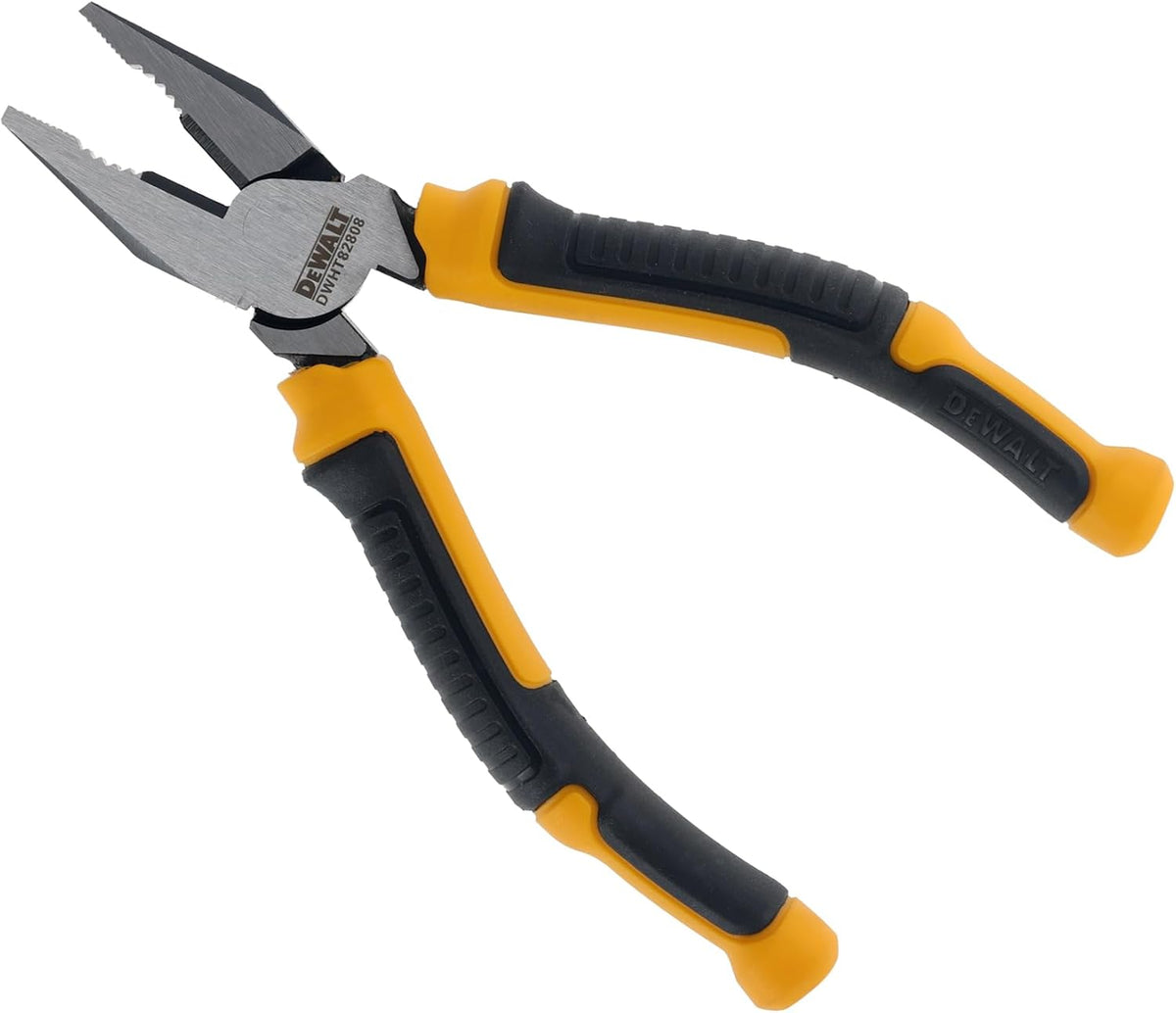 DeWalt 160mm combination pliers with yellow and black rubber handles and metal jaws shown open