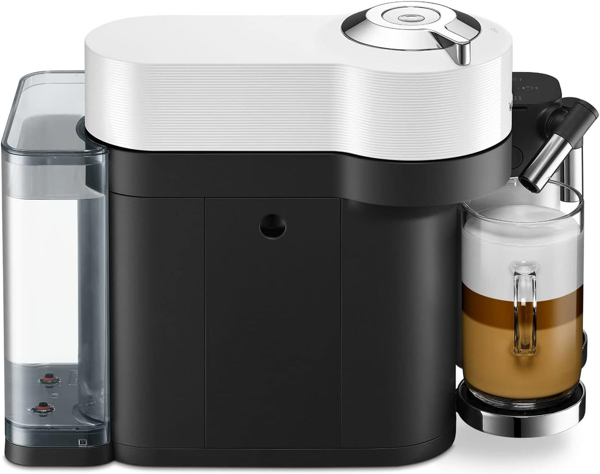 Delonghi Nespresso Vertuo Lattissima coffee machine in white and black with a glass of layered latte.