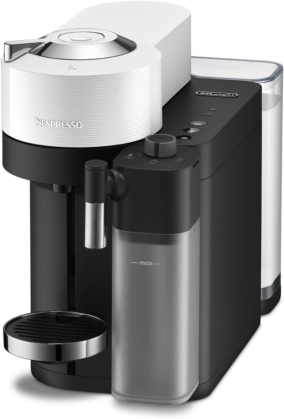 Delonghi Nespresso Vertuo Lattissima coffee machine in white and black with milk frother and water tank visible