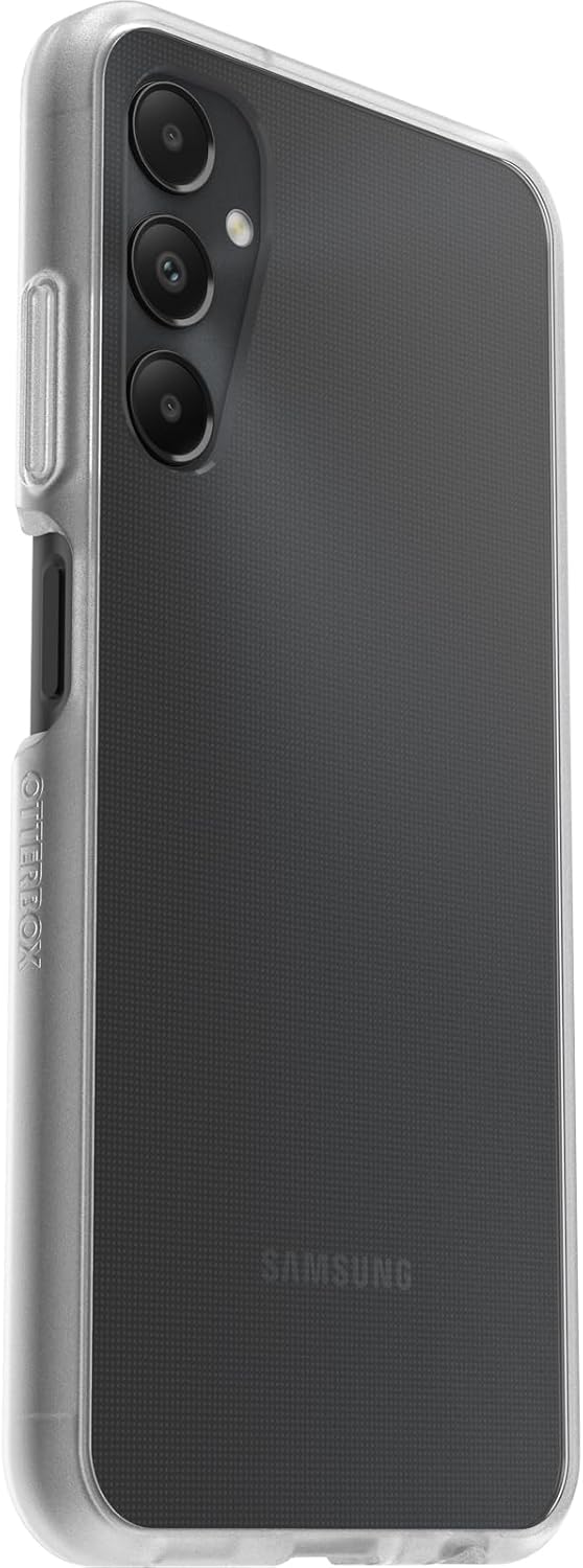 Samsung Galaxy A05s with clear Otterbox protective cover showing rear camera and side buttons.