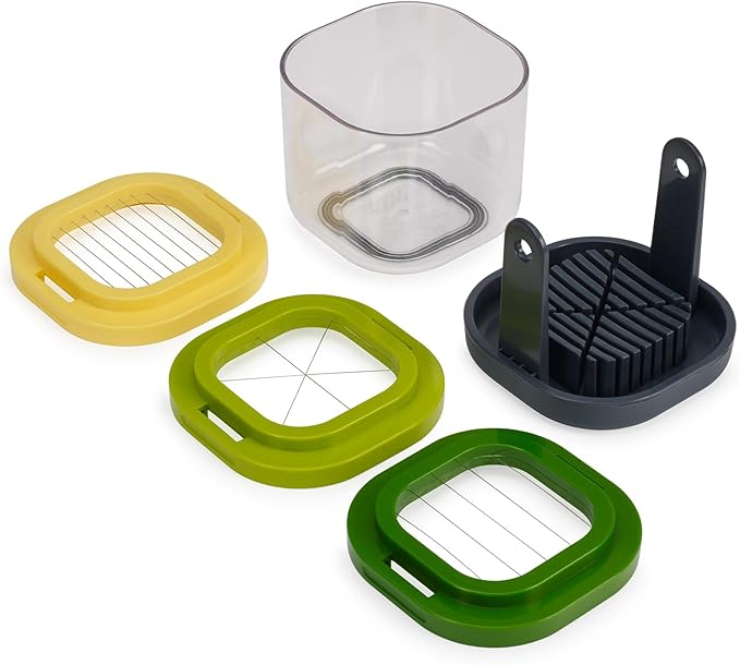 Multi Prep Mini with multicolour interchangeable blades and clear container for chopping and slicing.