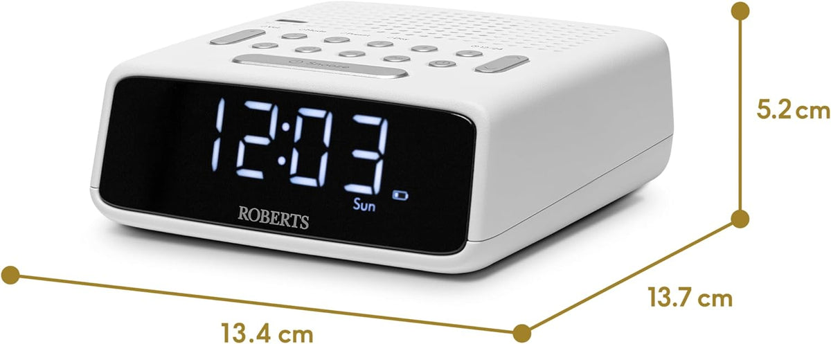 Roberts FM Alarm Clock Radio in White, compact design with clear display – available at Keans Claremorris