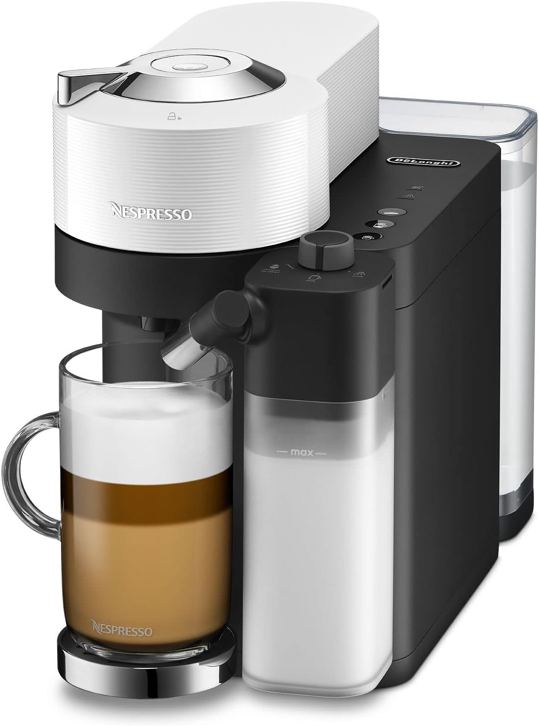 Delonghi Nespresso Vertuo Lattissima coffee machine in white and black with a glass of layered latte.