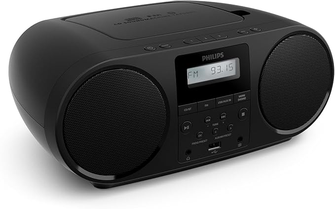 Philips TAZ5000 black portable CD player with FM radio, dual speakers, and digital display showing FM 93.15