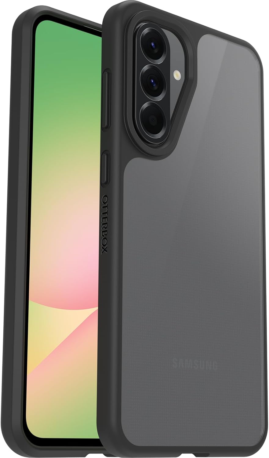 Otterbox React Case in black on Samsung Galaxy A56 5G, showing front screen and raised camera protection.