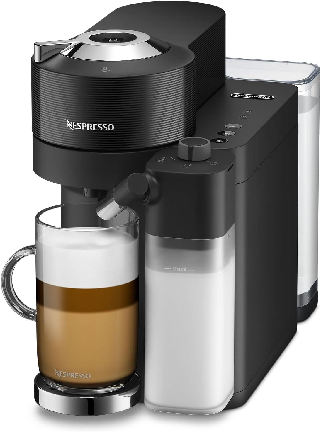 Delonghi Nespresso Vertuo Lattissima black coffee machine with milk frother and glass of layered coffee