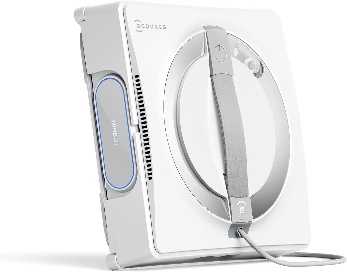 Ecovacs Winbot W2S Omni window cleaning robot with handle and safety tether in white and gray