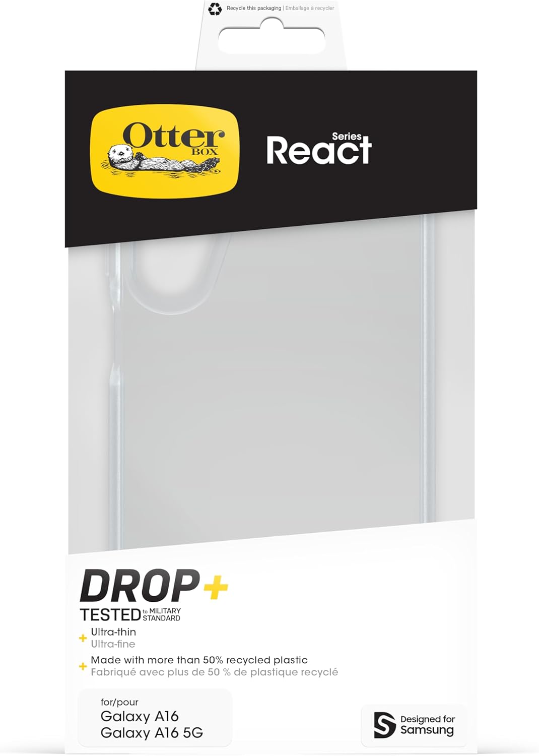 Otterbox React clear ultra-thin phone case for Samsung Galaxy A16/A16 5G in retail packaging.