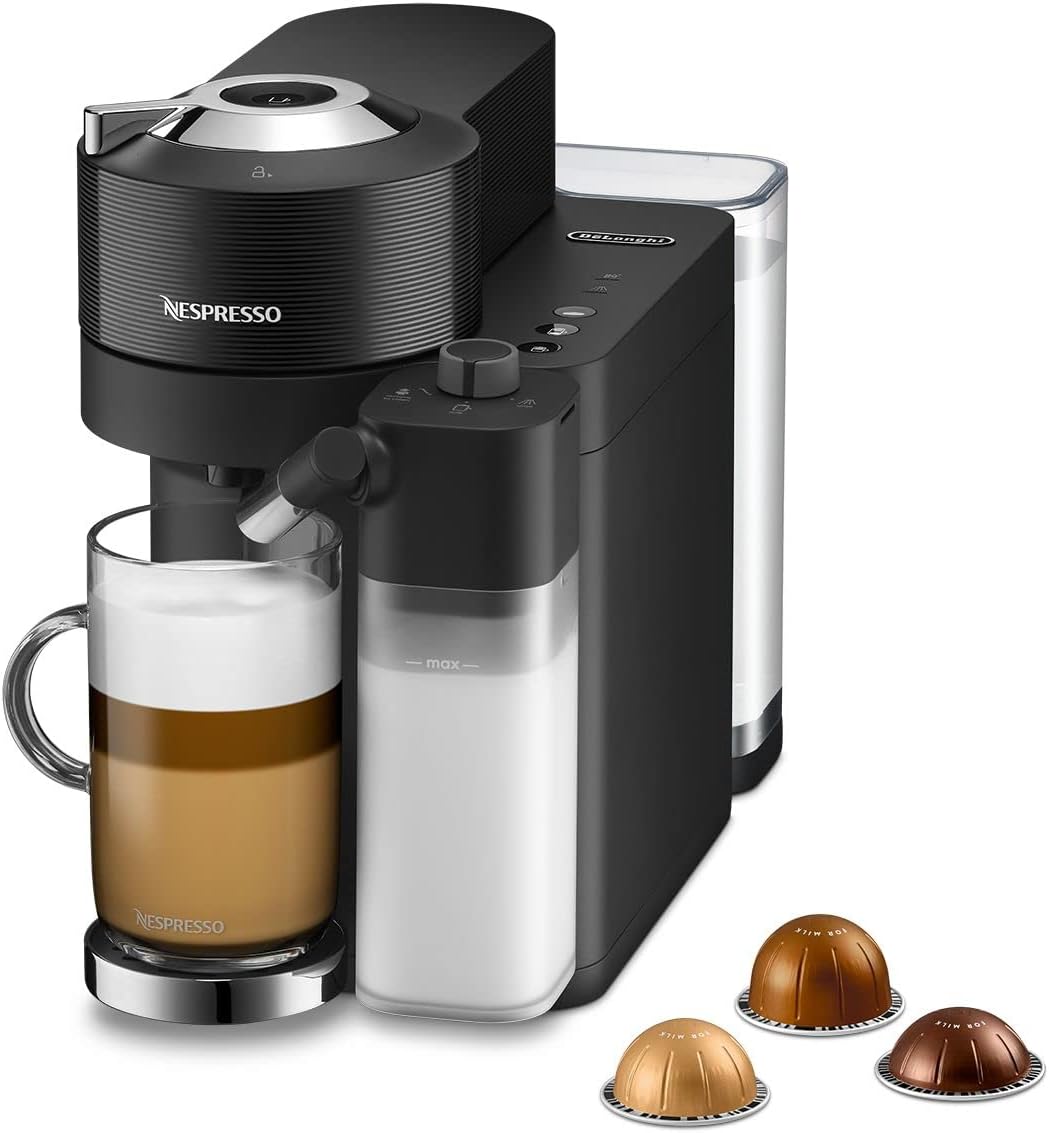 Black DeLonghi Nespresso Vertuo Lattissima coffee machine with milk frother and three coffee capsules.