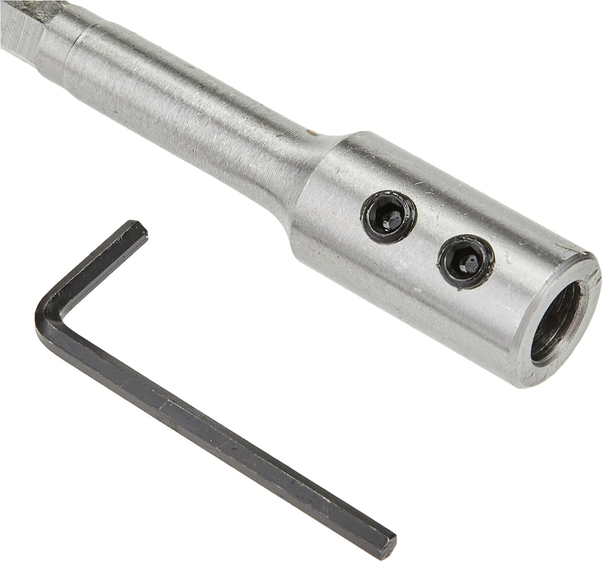 Close-up of DeWalt 140mm self-feed extension piece with two screws and included hex key on white background