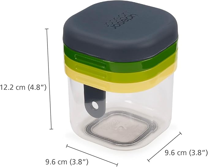 Multi Prep Mini container with clear base and stacked dark gray, green, and yellow lids, showing dimensions.