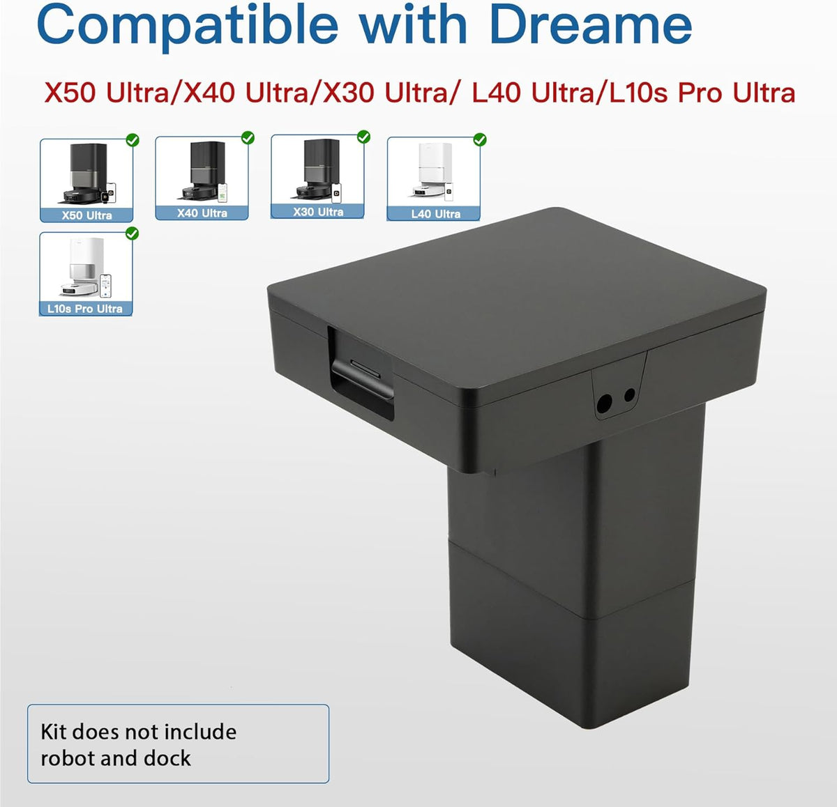 Black Dreame water hookup kit component with rectangular top and vertical base against white background
