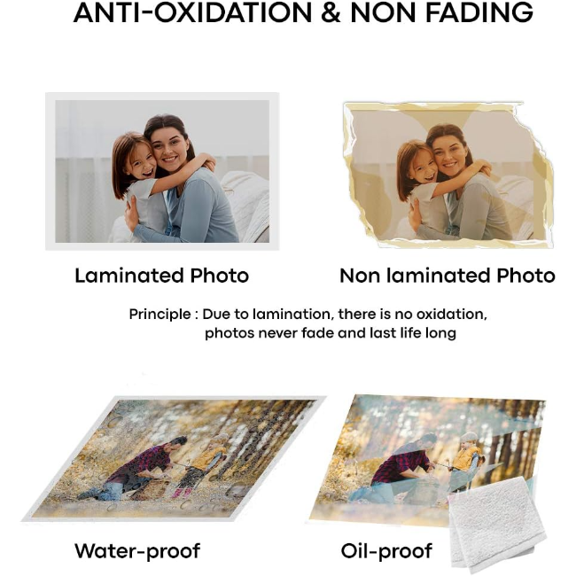 Texet A4 Laminator showing laminated vs non-laminated photos and water-proof, oil-proof photo examples.