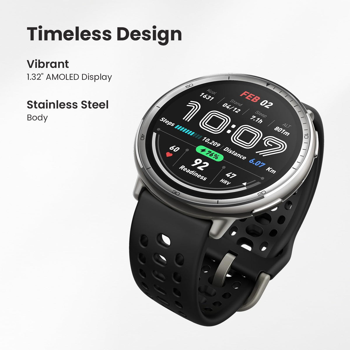 Amazfit Active 2 smartwatch with round stainless steel case and black perforated silicone sport strap, showing fitness stats.