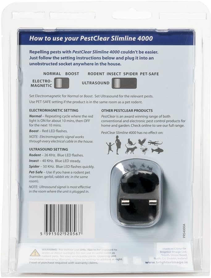 PestClear Slimline 4000 ultrasonic pest repeller in black, shown in clear plastic packaging with usage instructions.