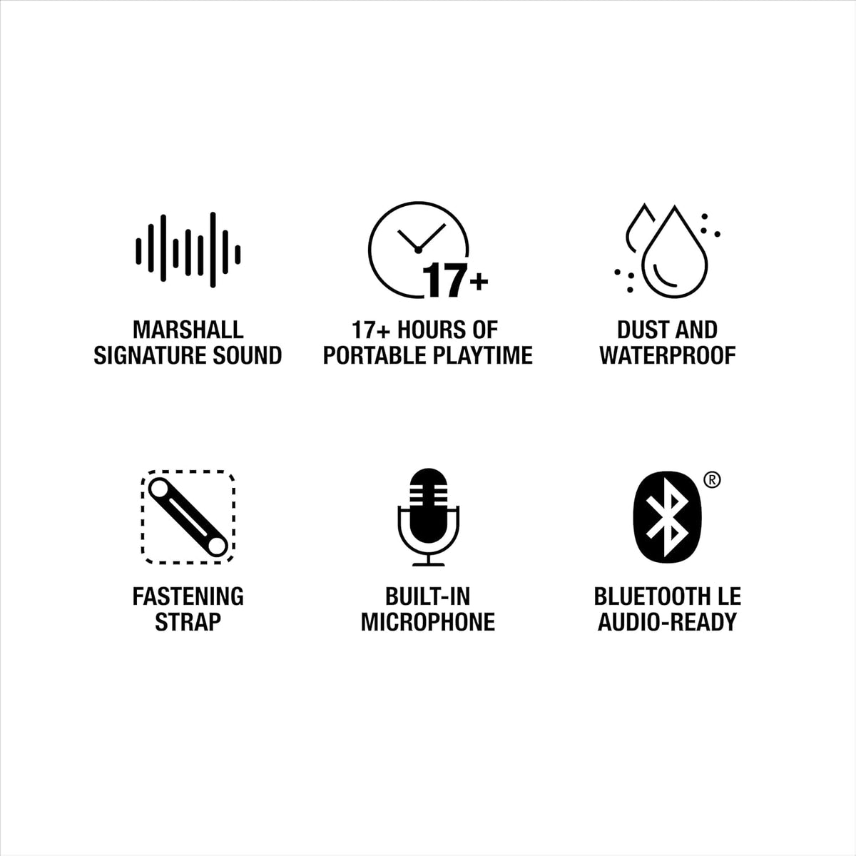 Marshall Willen II Black & Brass speaker features icons for sound, playtime, waterproof, strap, microphone, and Bluetooth LE.