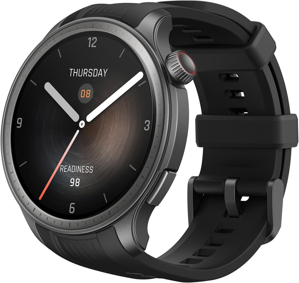 Amazfit Balance smartwatch in Sunset Grey with round display showing time, date, and readiness score.