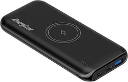Energizer 10000mAh wireless power bank with dual input, fast charging, LED indicator, portable black design – available at