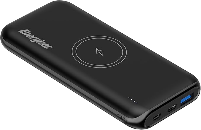 Energizer 10000mAh wireless power bank with dual input, fast charging, LED indicator, portable black design – available at