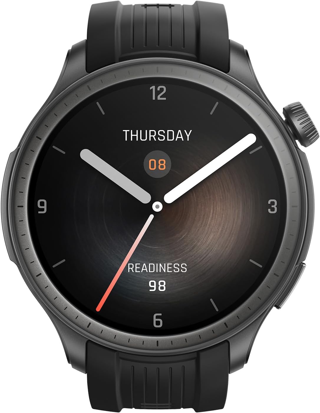 Amazfit Balance smartwatch in Sunset Grey with black strap showing time, date, and readiness score on display