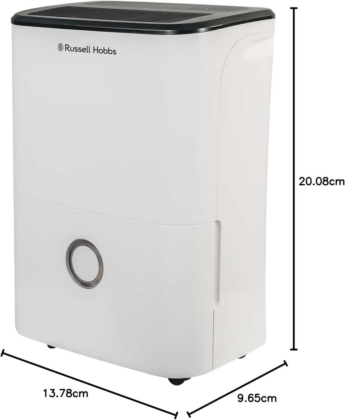 Russell Hobbs 20L dehumidifier in white with black top, front water tank window, and dimension lines shown