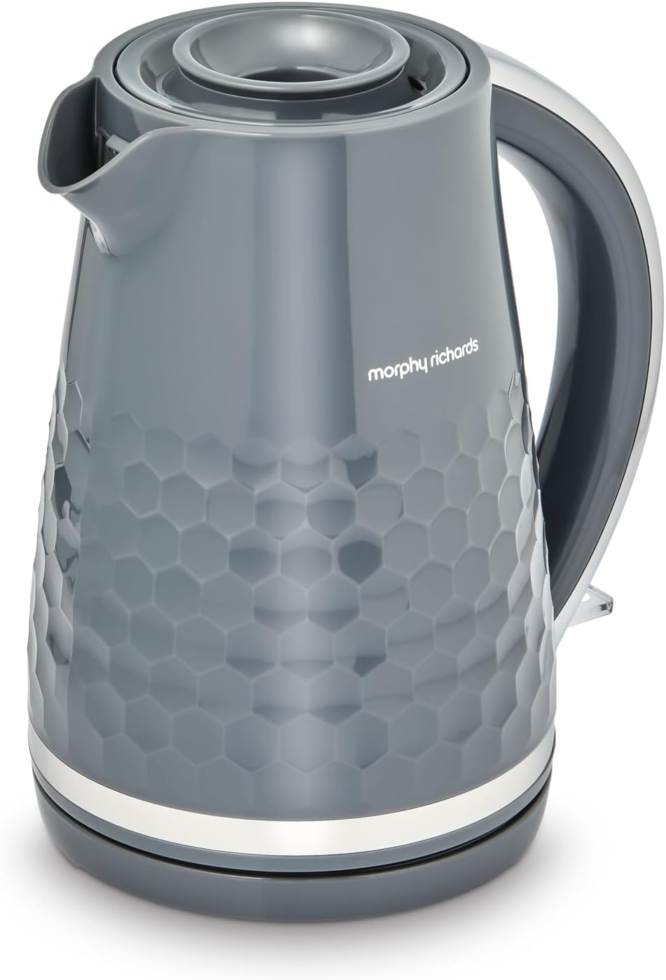 Grey Morphy Richards Hive Jug Kettle with honeycomb texture and ergonomic handle on a white background.