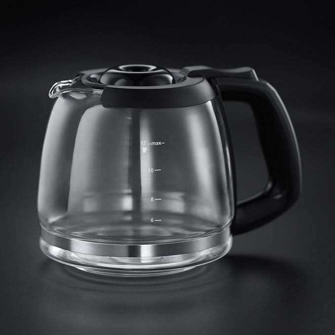Glass coffee pot with black handle and lid, marked with cup measurements up to 12 cups.