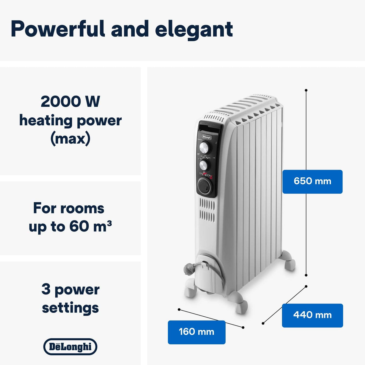 DeLonghi 2kw oil filled radiator in white with control panel and caster wheels, shown with dimensions.